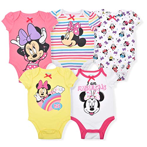 Disney Minnie Mouse Girls’ 5 Pack Bodysuits for Newborn and Infant – Pink/White/Yellow