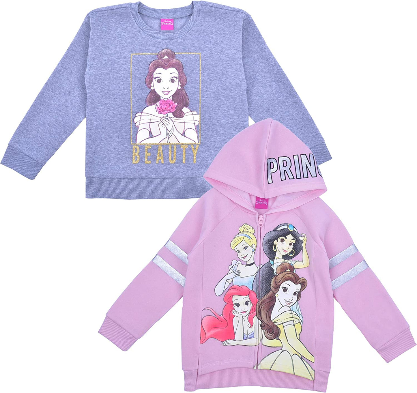 Disney Princess Girl’s 2 Piece Zip Up Hoodie, and Long Sleeve Shirt Set for Toddler and Little Kids