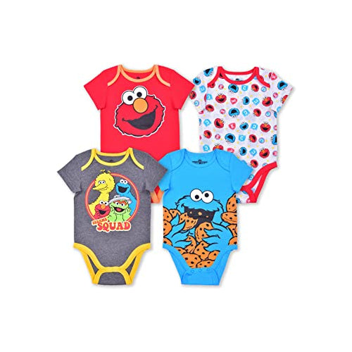 Sesame Street Boys’ 4 Pack Bodysuit for Newborn and Infant – Blue/Red/Grey/White