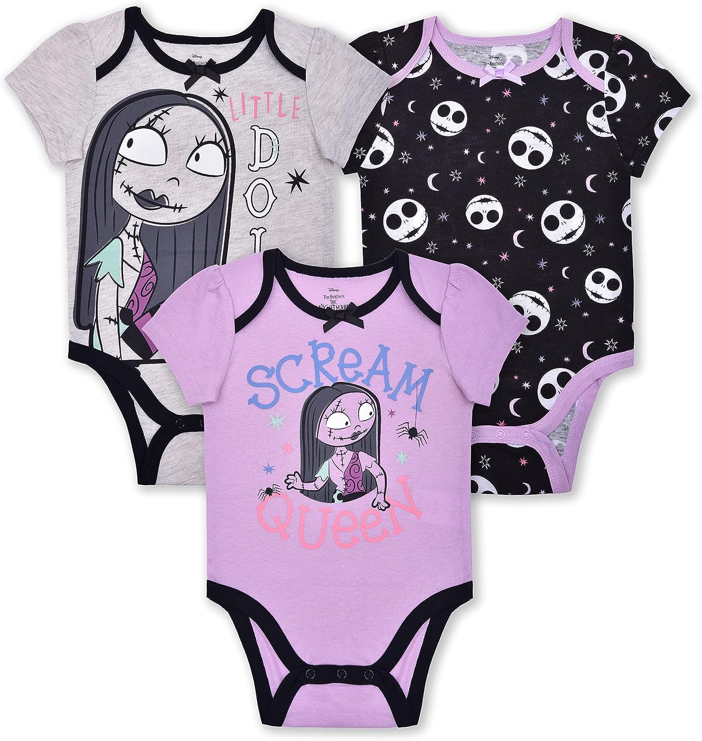 Disney Nightmare Before Christmas Sally and Jack Girls? 3 Pack Bodysuit for Newborn and Infant ? Purple/Grey/Black