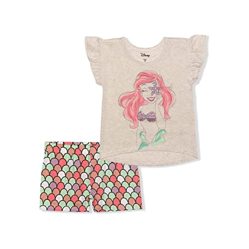 Disney The Little Mermaid Ariel Girls’ T-Shirt and Short Set for Toddler and Little Kids – Beige/Multicolor