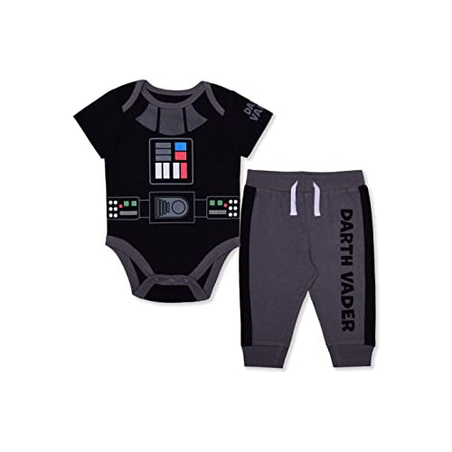 Star Wars Boys’ Darth Vader or R2D2 Bodysuit and Jogger with Drawstring Set for Newborn and Infant – Black/White