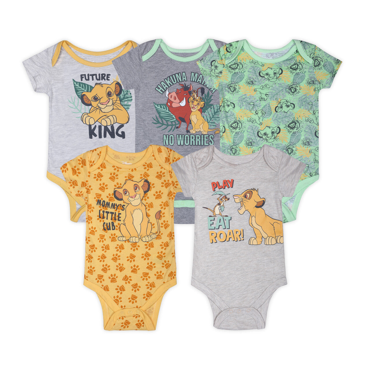 Disney Lion King Simba, Timon and Pumbaa Boys’ 5 Pack Bodysuits for Newborn and Infant – Yellow/Green/Grey