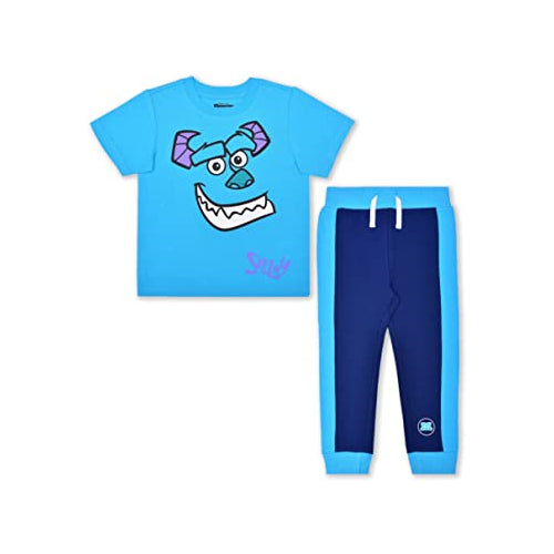 Disney Monsters Inc. Boys’ Mike and Sully T-shirt and Jogger with Drawstring Set for Toddler and Little Kids – Green Blue