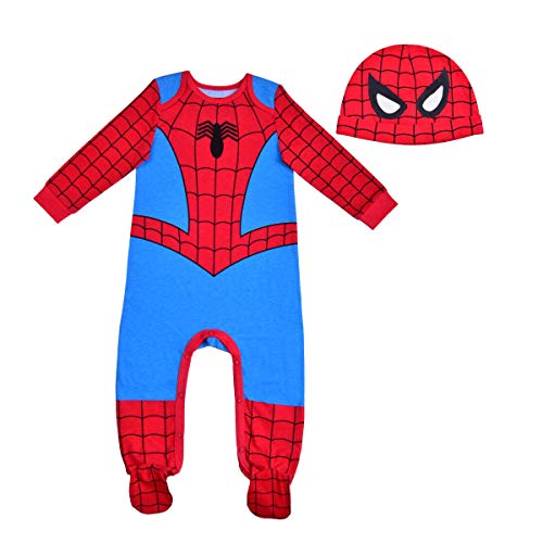 Marvel Spiderman Boys’ Long Sleeve Romper and Hat Set for Newborn and Infant – Blue/Red