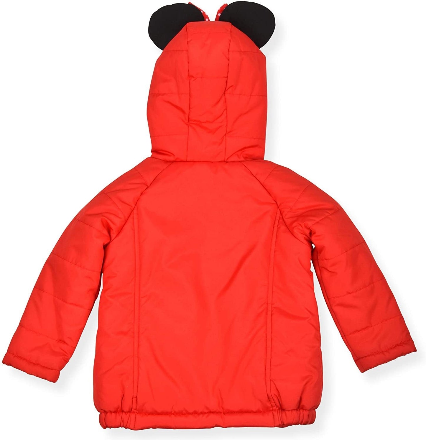 Disney Girl's Minnie Mouse Print Hooded Puffer Jacket with Ears and Red Bow, Black