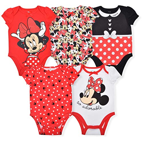 Disney Minnie Mouse Girls’ 5 Pack Bodysuits for Newborn and Infant – Red/White/Black