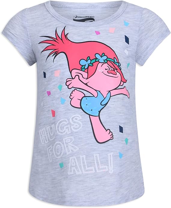 DreamWorks Trolls Poppy, Branch, Satin and Chenille Girls 3 Pack T-Shirt for Toddler – Blue/Yellow/Grey