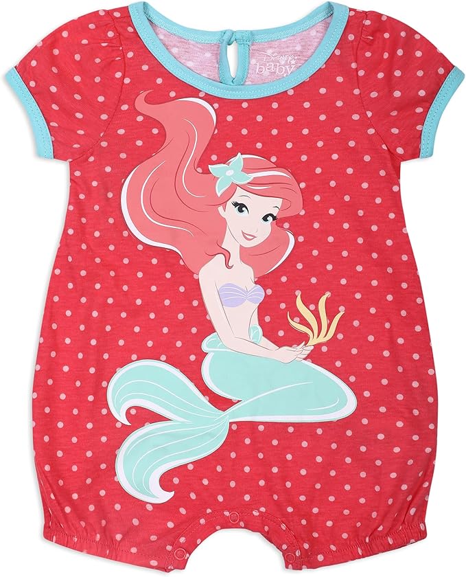 Disney Princess Girls’ Ariel The Little Mermaid 3 Pack Rompers for Newborn and Infant – White/Red/Blue
