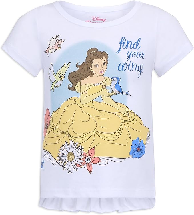 Disney Princess Belle Girls 3 Piece Shirts and Short Set for Infant, Toddler and Little Girls - Yellow/Blue/White