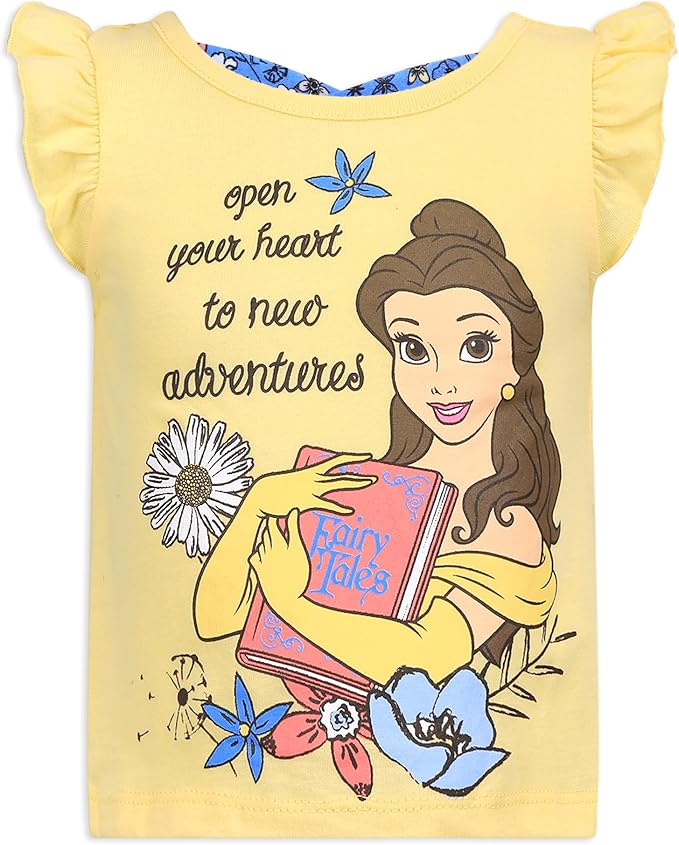 Disney Princess Belle Girls 3 Piece Shirts and Short Set for Infant, Toddler and Little Girls - Yellow/Blue/White