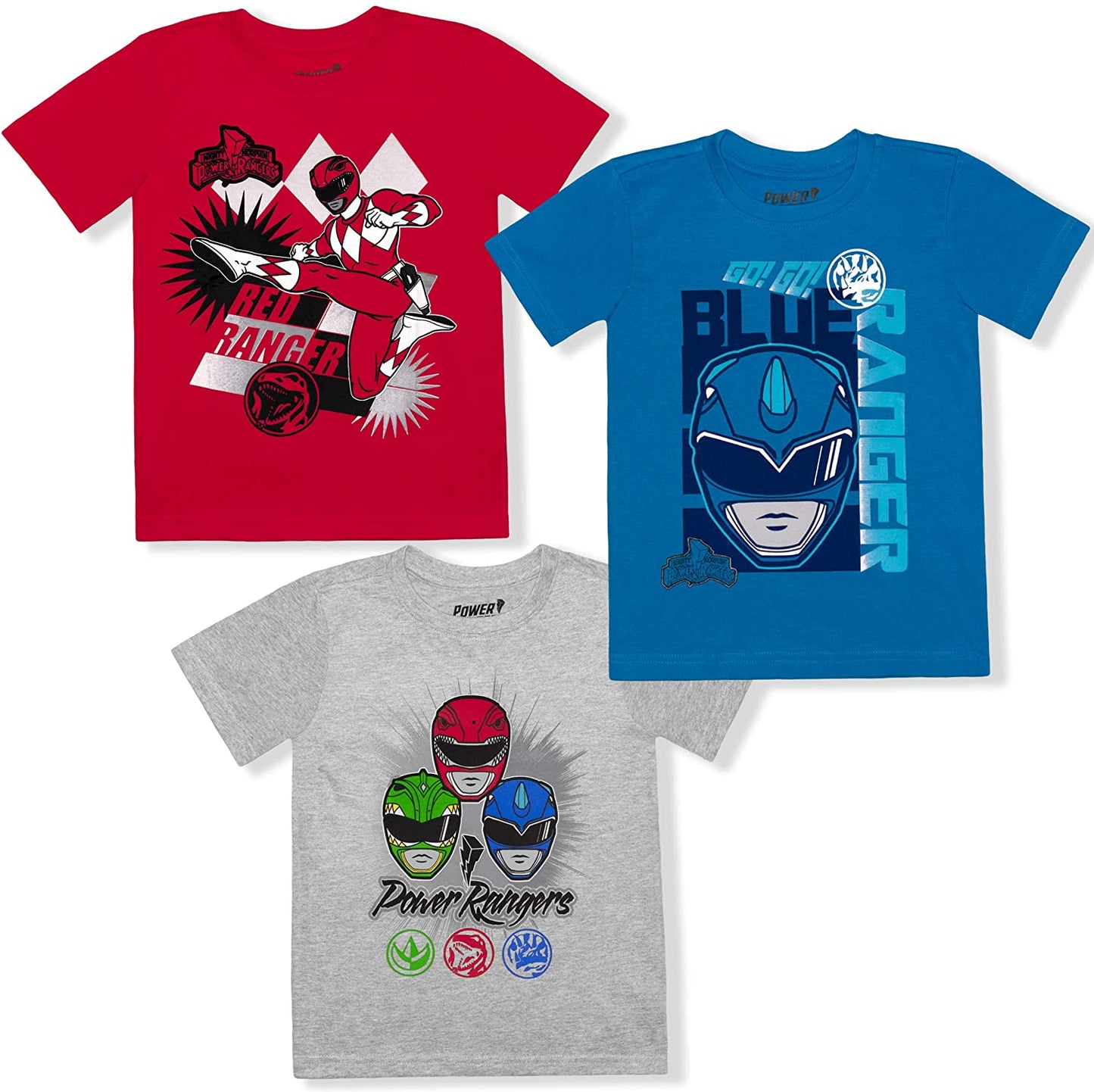 Power Rangers’ Red Ranger, Blue Ranger and Green Ranger Boys’ 3 Pack T-Shirts for Little Kids – Blue/Red/Grey