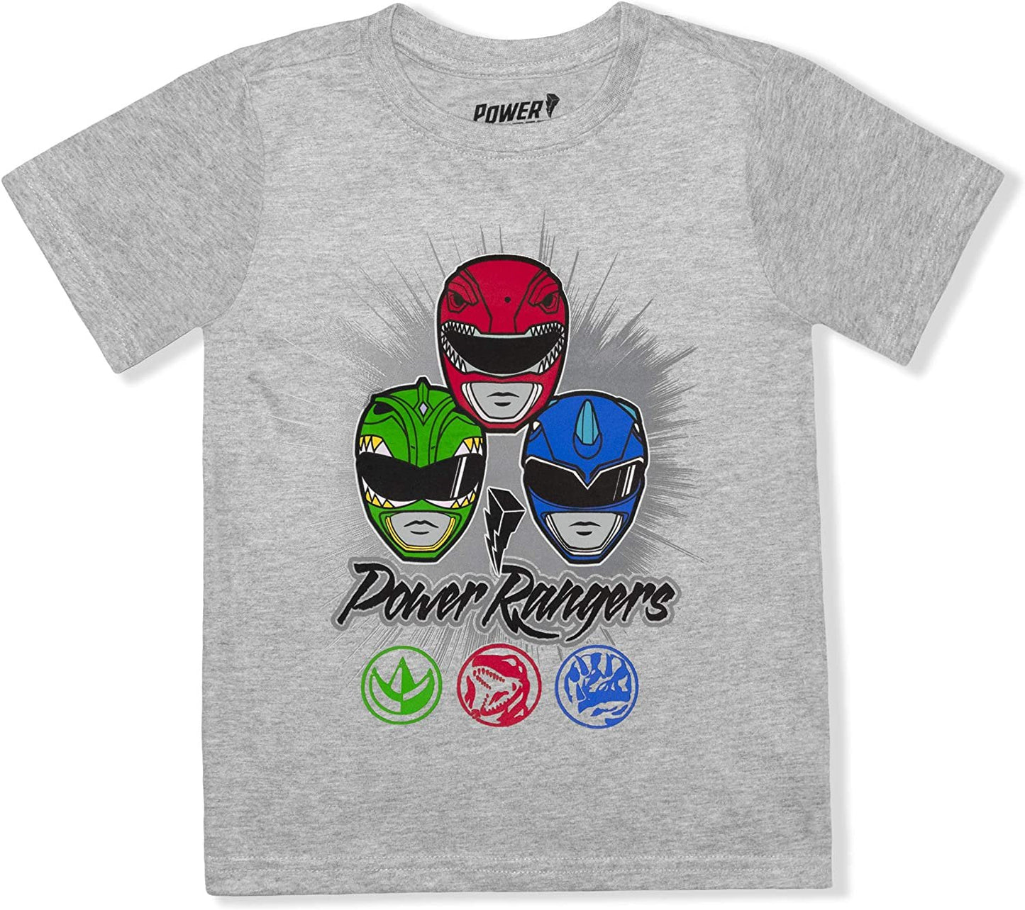 Power Rangers’ Red Ranger, Blue Ranger and Green Ranger Boys’ 3 Pack T-Shirts for Little Kids – Blue/Red/Grey