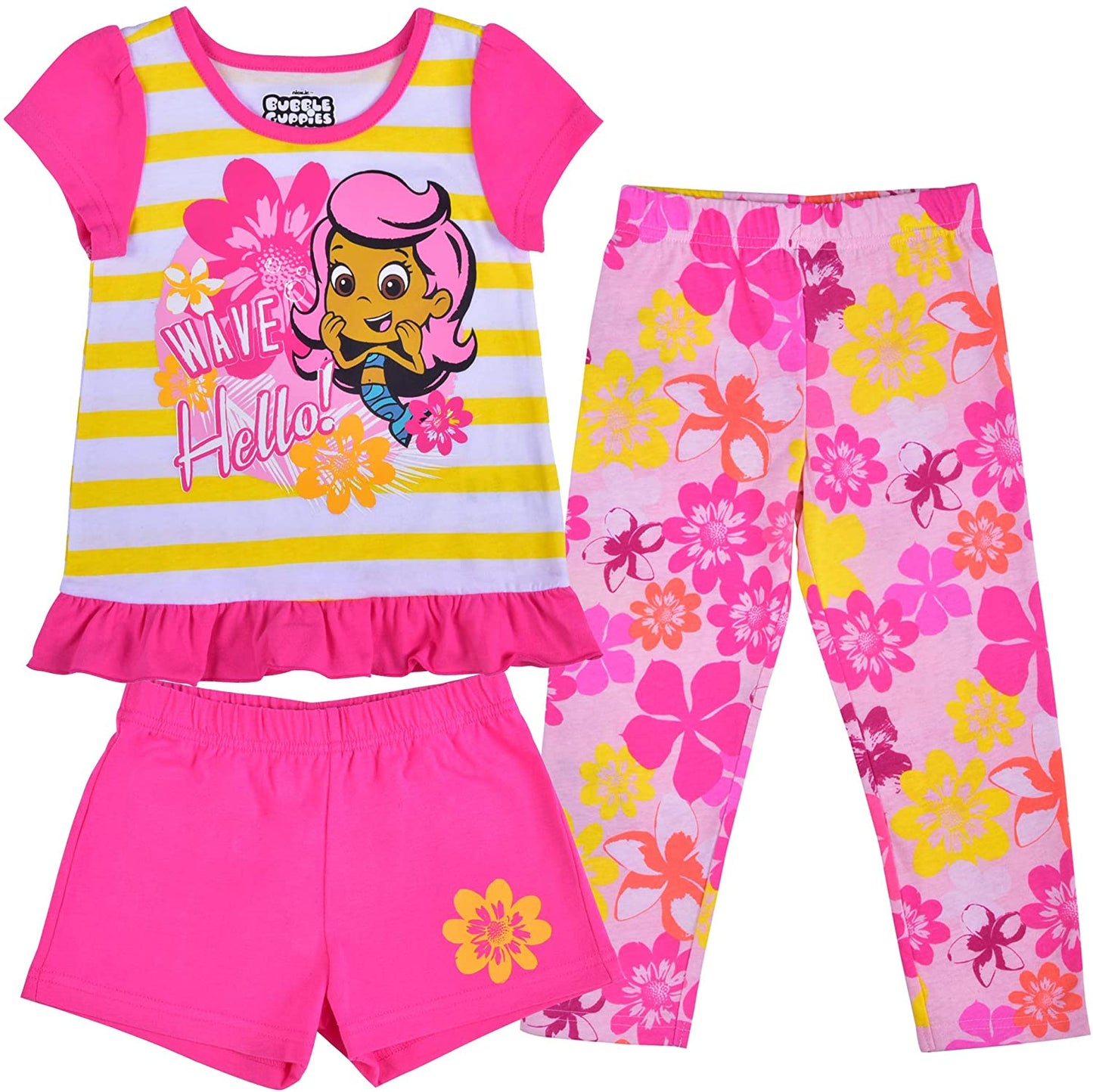Nickelodeon Bubble Guppies Girls 3 Piece Molly T-Shirt, Short and Legging Set for Toddler and Little Kids – Pink/Yellow