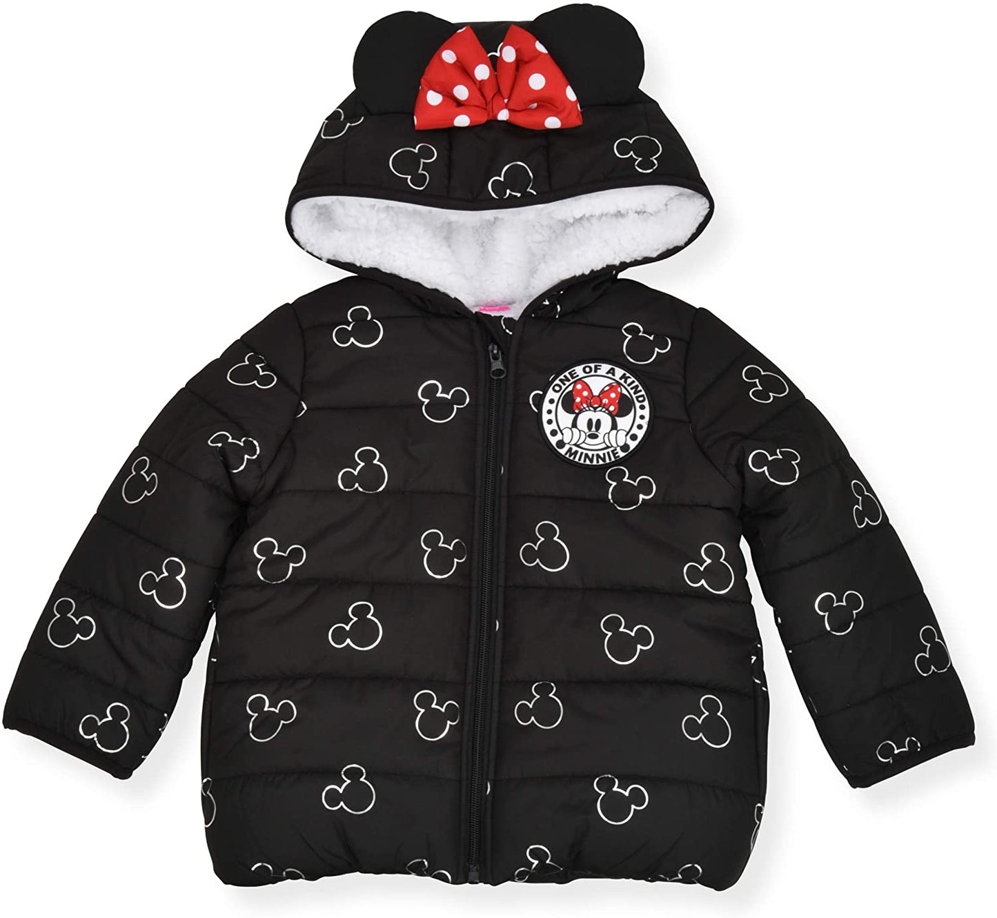 Disney Girl's Minnie Mouse Print Hooded Puffer Jacket with Ears and Red Bow, Black