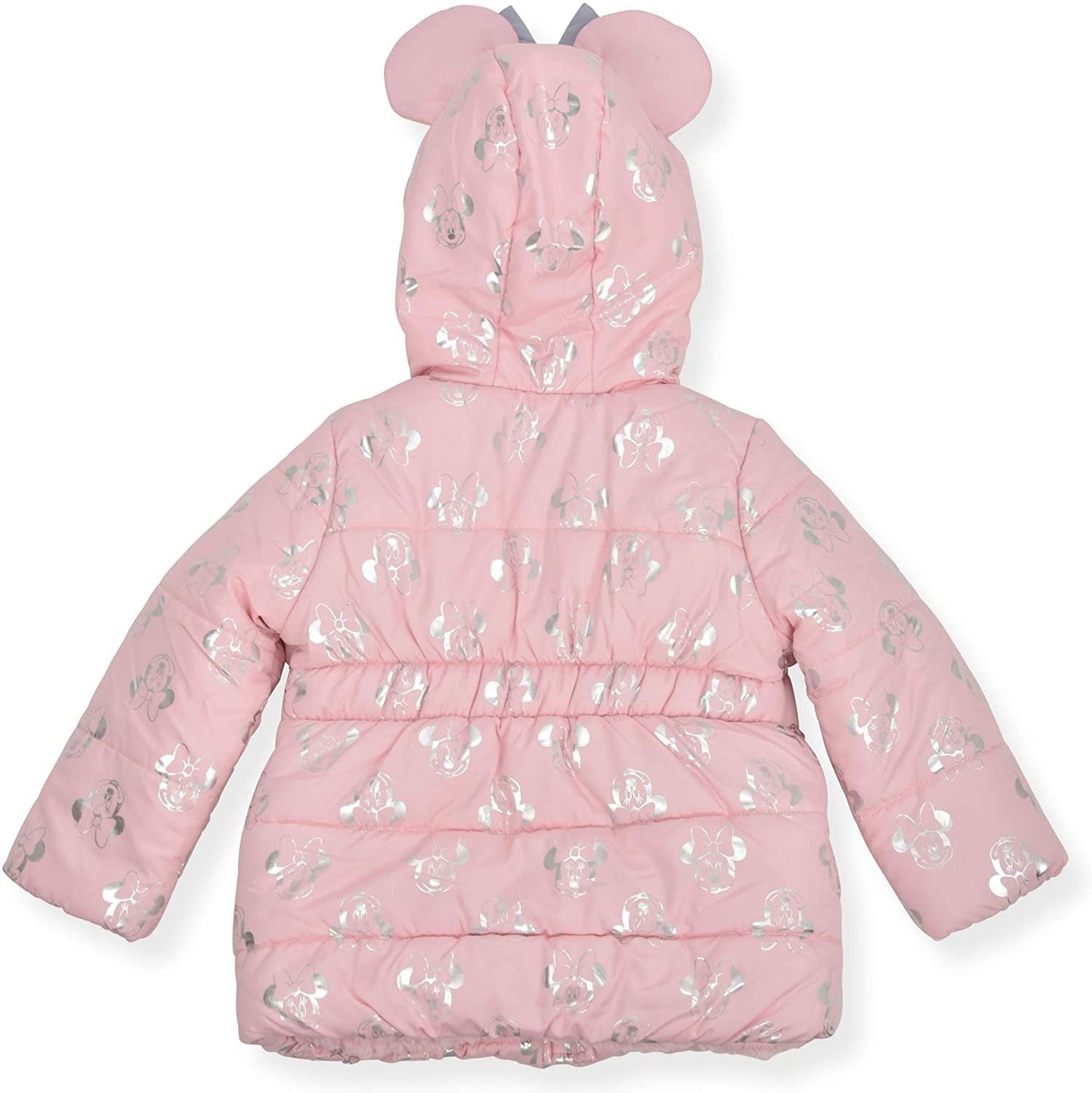 Disney Girl's Minnie Mouse Print Hooded Puffer Jacket with Ears and Red Bow, Black