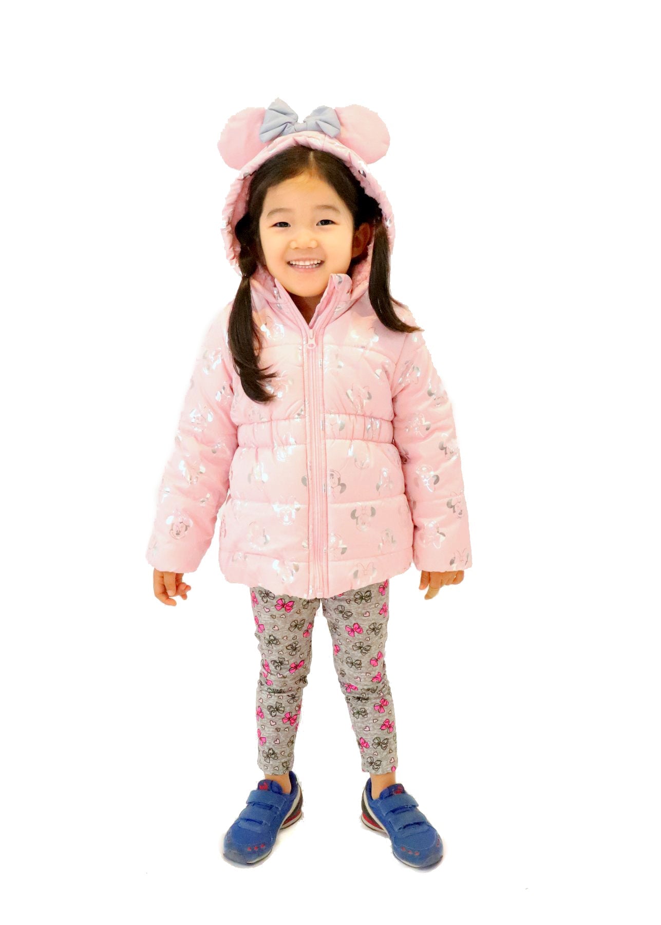 Disney Girl's Minnie Mouse Print Hooded Puffer Jacket with Ears and Red Bow, Black