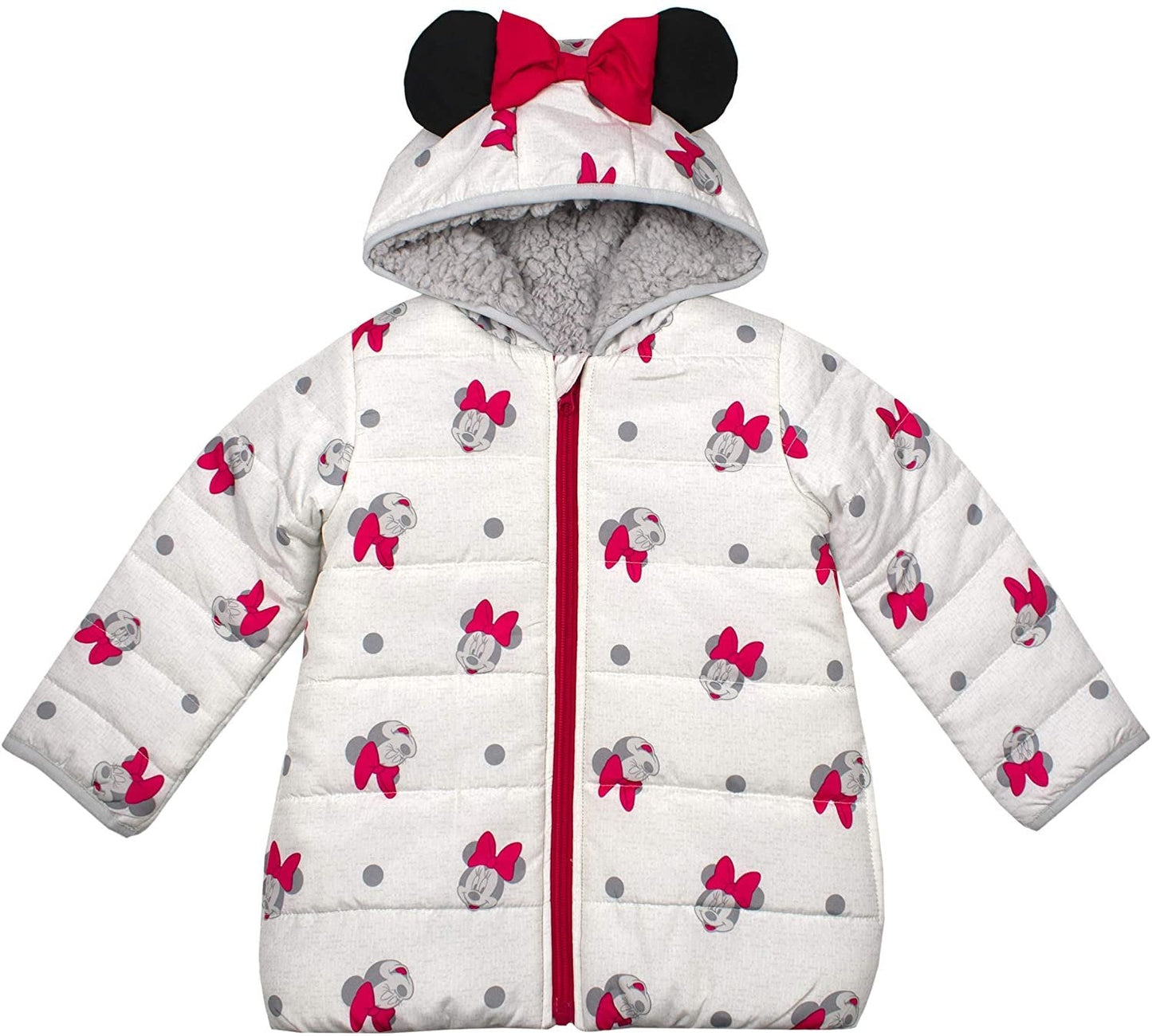 Disney Girl's Minnie Mouse Print Hooded Puffer Jacket with Ears and Red Bow, Black