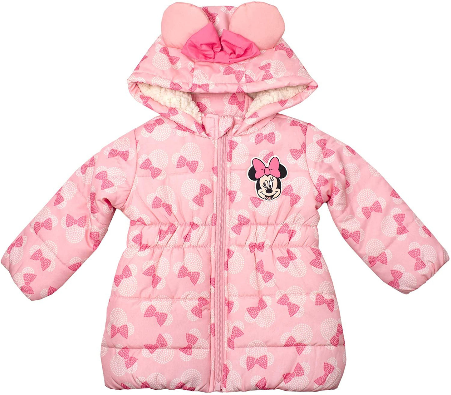 Disney Girl's Minnie Mouse Print Hooded Puffer Jacket with Ears and Red Bow, Black