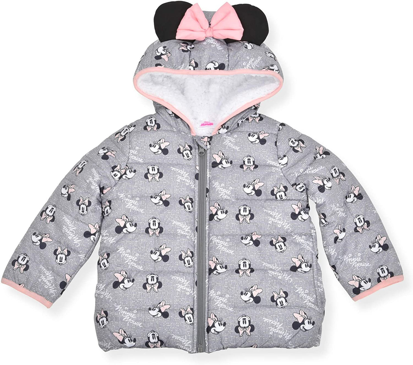 Disney Girl's Minnie Mouse Print Hooded Puffer Jacket with Ears and Red Bow, Black