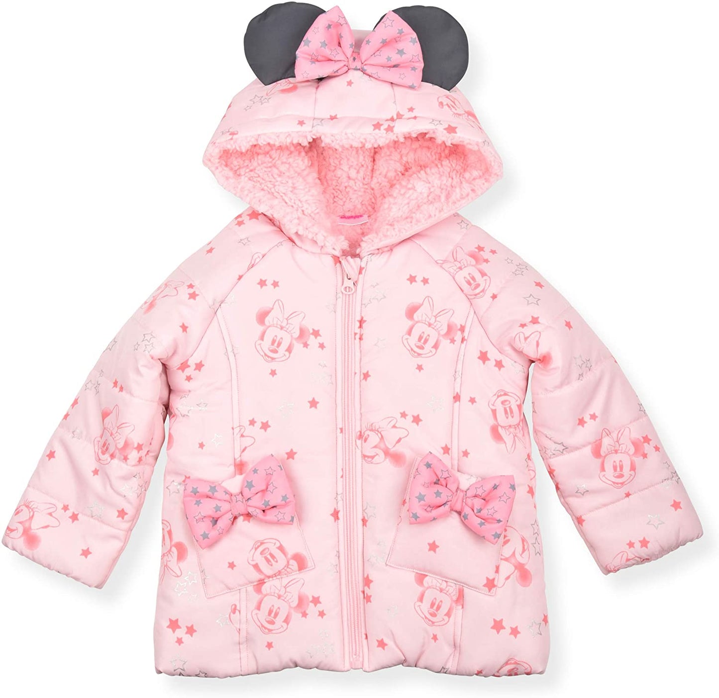 Disney Girl's Minnie Mouse Hooded Puffer Jacket with Bow Pockets and Ears, Pink
