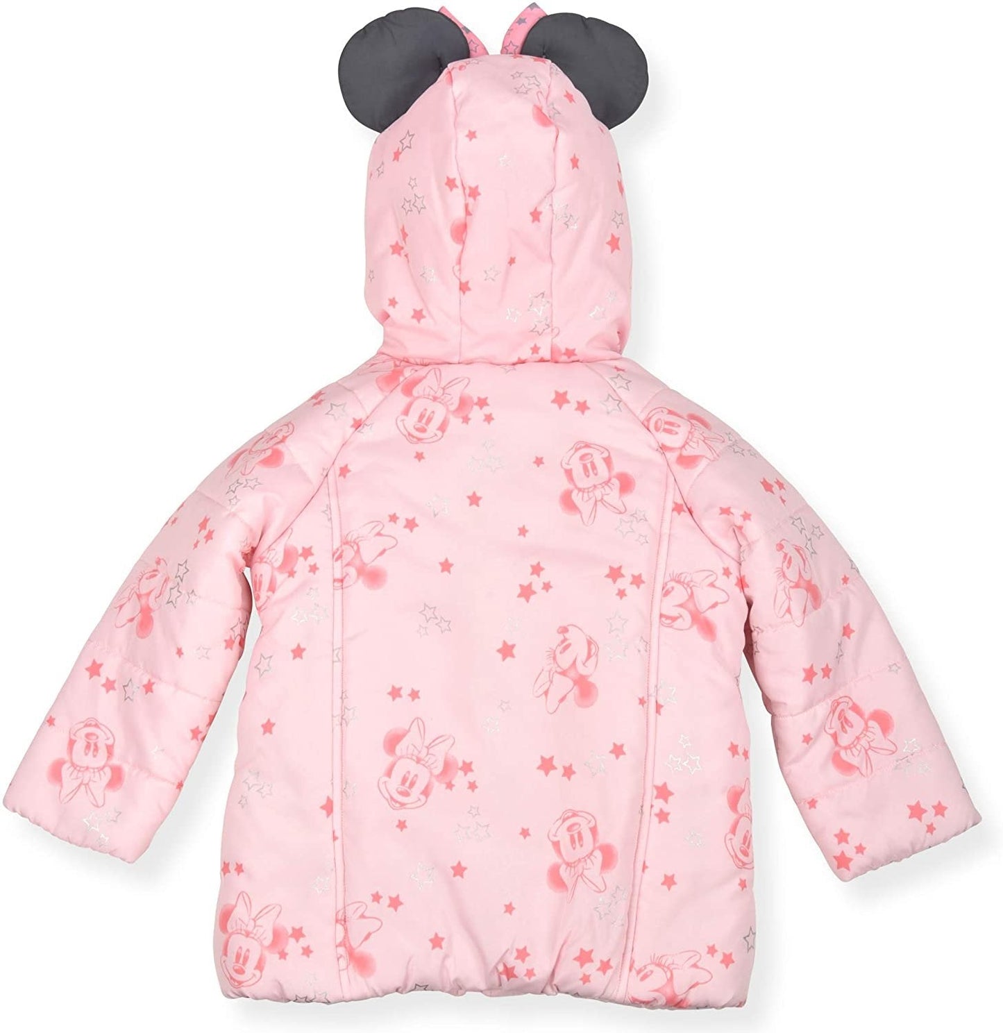 Disney Girl's Minnie Mouse Hooded Puffer Jacket with Bow Pockets and Ears, Pink