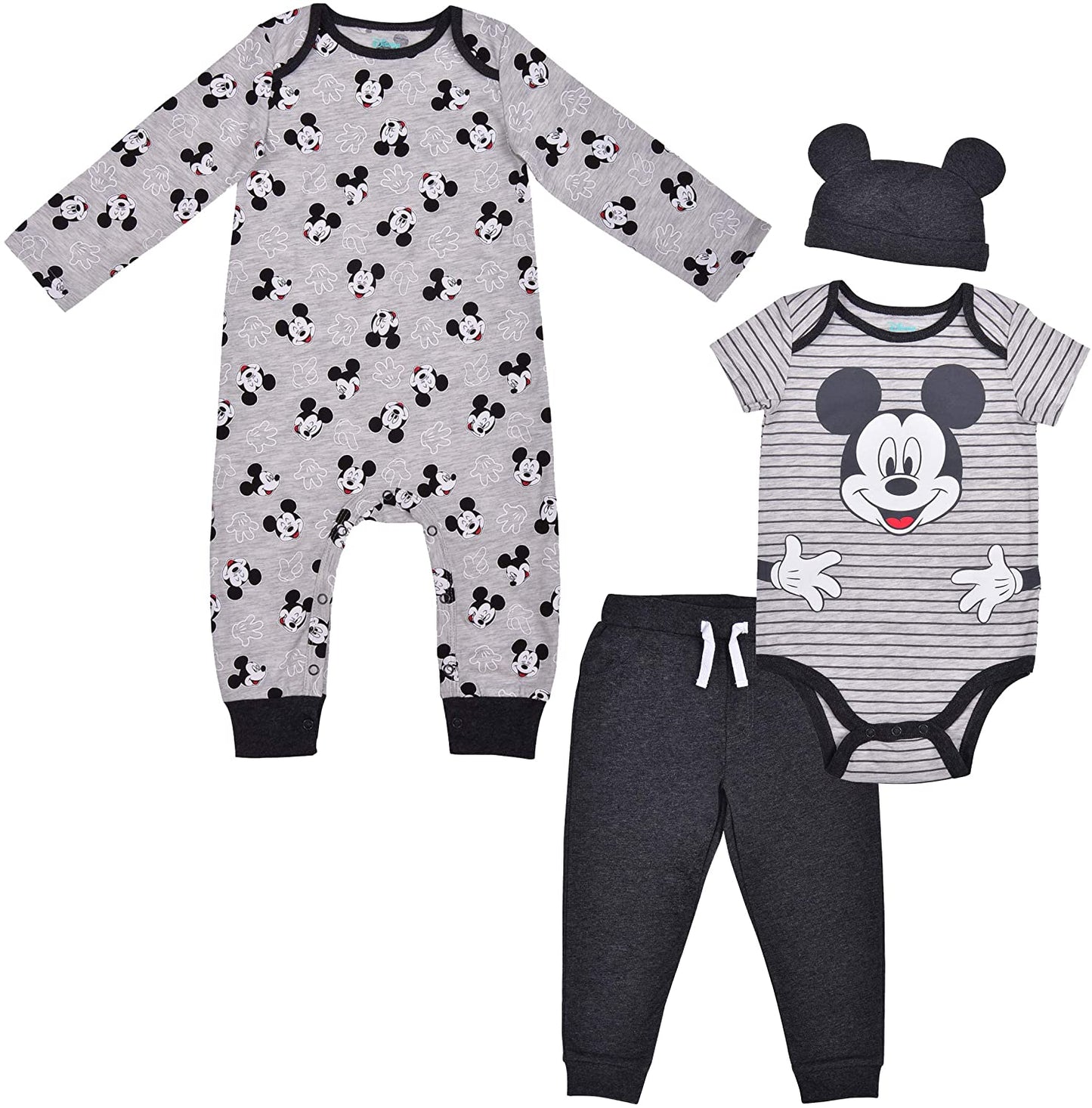Disney Mickey Mouse Boys Bodysuits, Joggers and Cap Set for Newborn and Infant – Grey