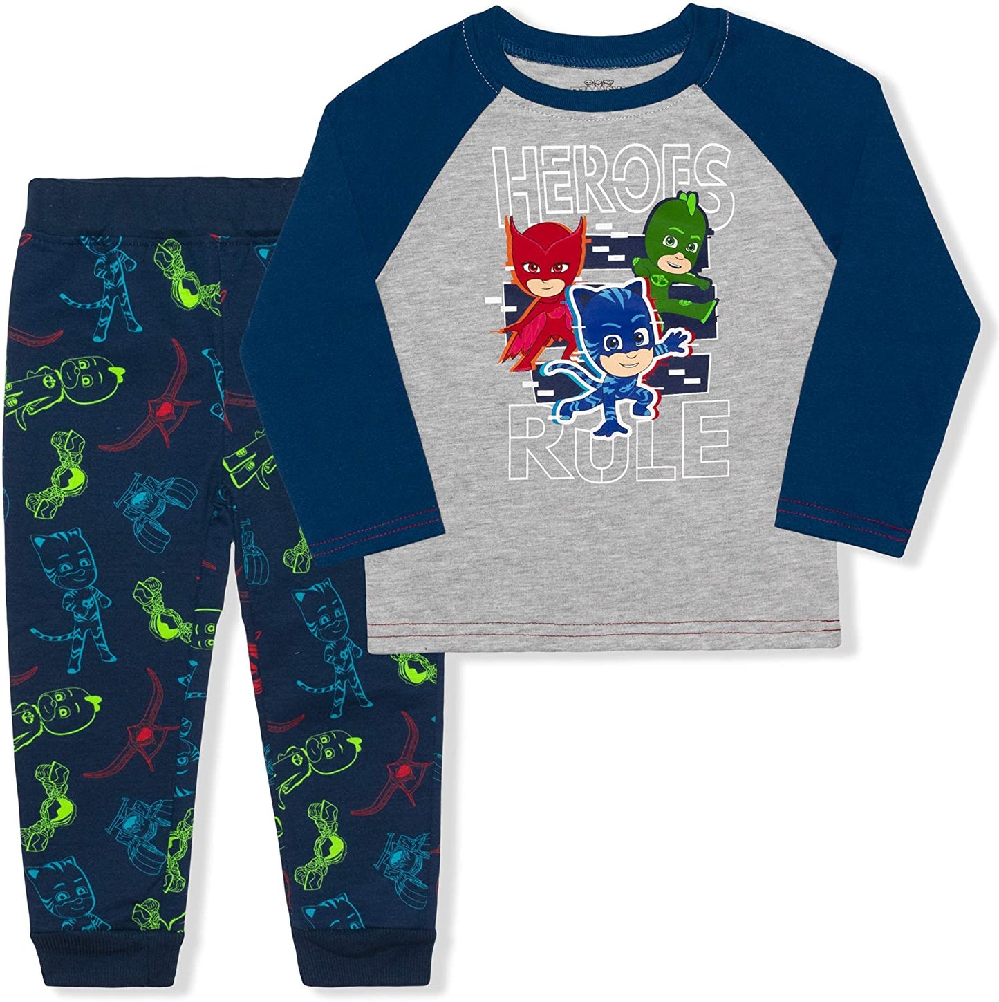 PJ Masks Catboy, Gekko and Owlette Boys’ Long Sleeve Shirt and Jogger Pants Set for Toddler and Little Kids – Navy/Grey