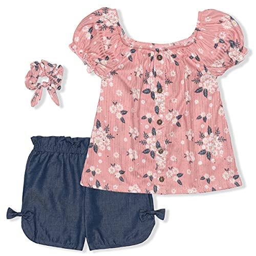 Nannette Girls’ Blouse, Short and Scrunchie Set for Infant, Toddler and Little Kids – Blue/Coral/Pink