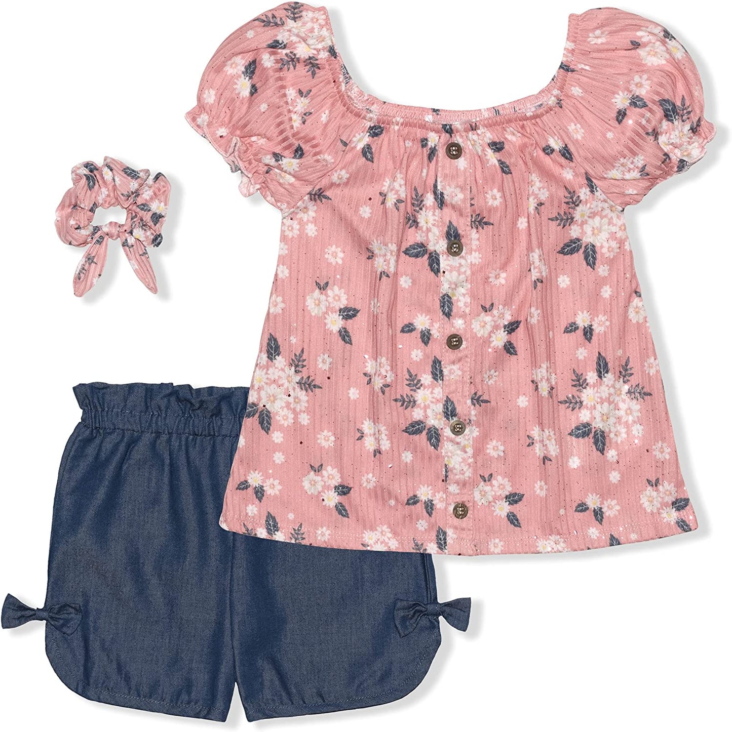 Nannette Girls’ Blouse, Short and Scrunchie Set for Infant, Toddler and Little Kids – Blue/Coral/Pink