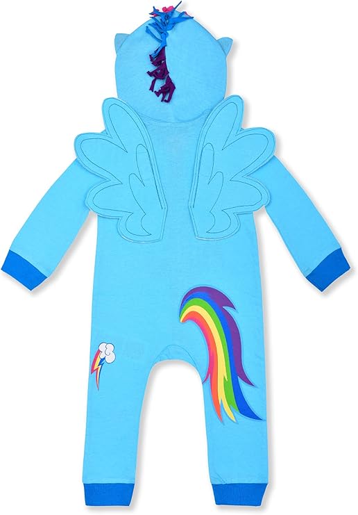 My Little Pony Girls’ Rainbow Dash Zip Up Long Sleeve Hooded Costume Romper for Newborn, Infant and Toddler – Blue