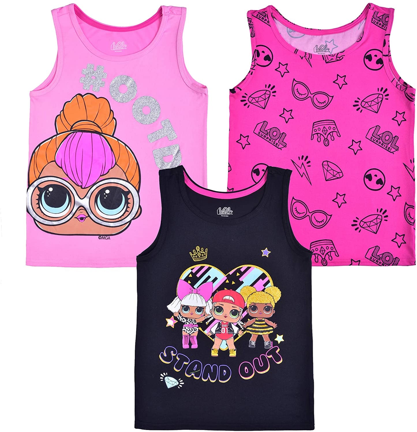 L.O.L. Surprise! Dolls Girls 3 Pack Tank Tops for Little and Big Kids – Pink/Black