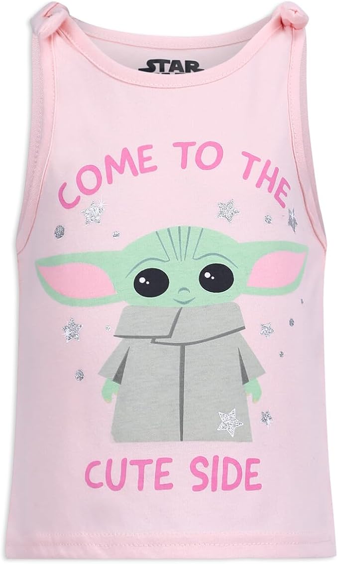 Star Wars Baby Yoda Girls’ Short Sleeve Shirt, Tank Top and Shorts Set for Toddler and Little Kids – Pink/White