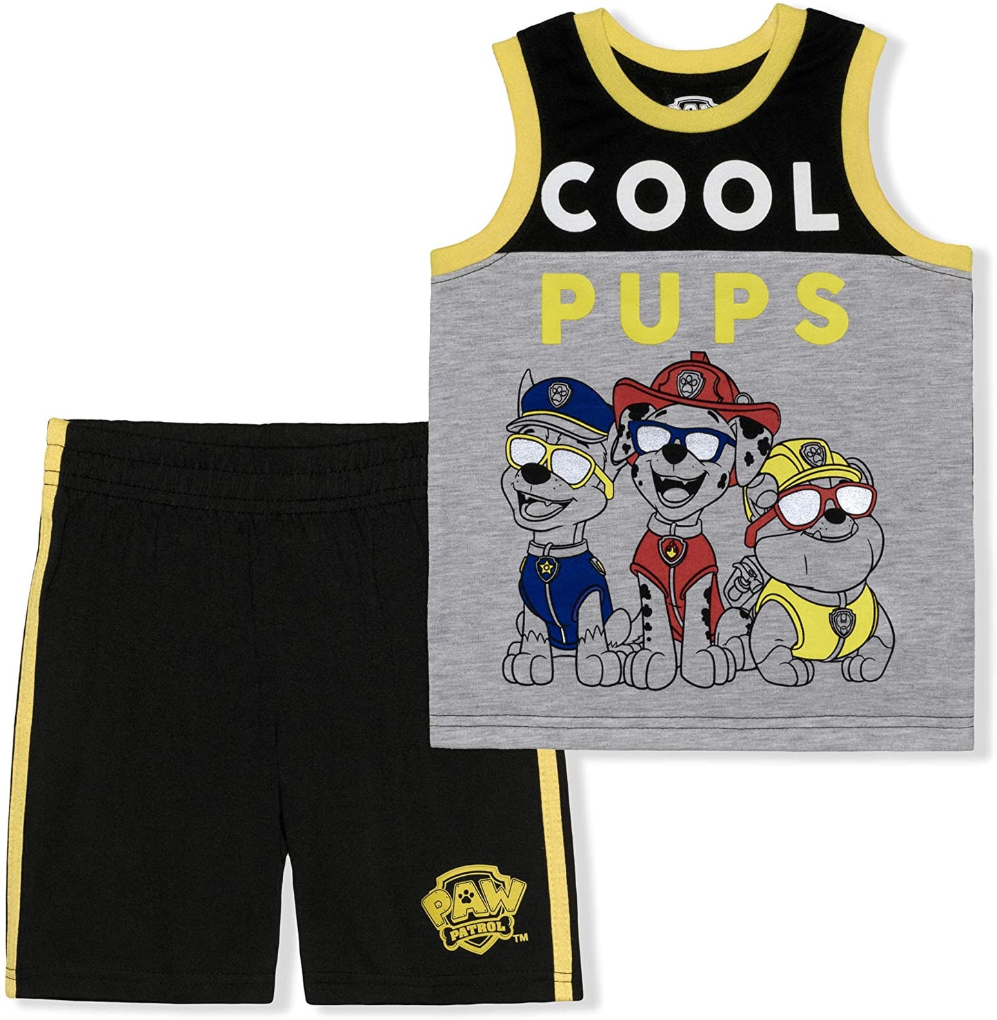 Nickelodeon Paw Patrol Marshall, Rubble and Chase Boys Tank Top and Shorts Set for Toddler and Little Kids – Black/Grey