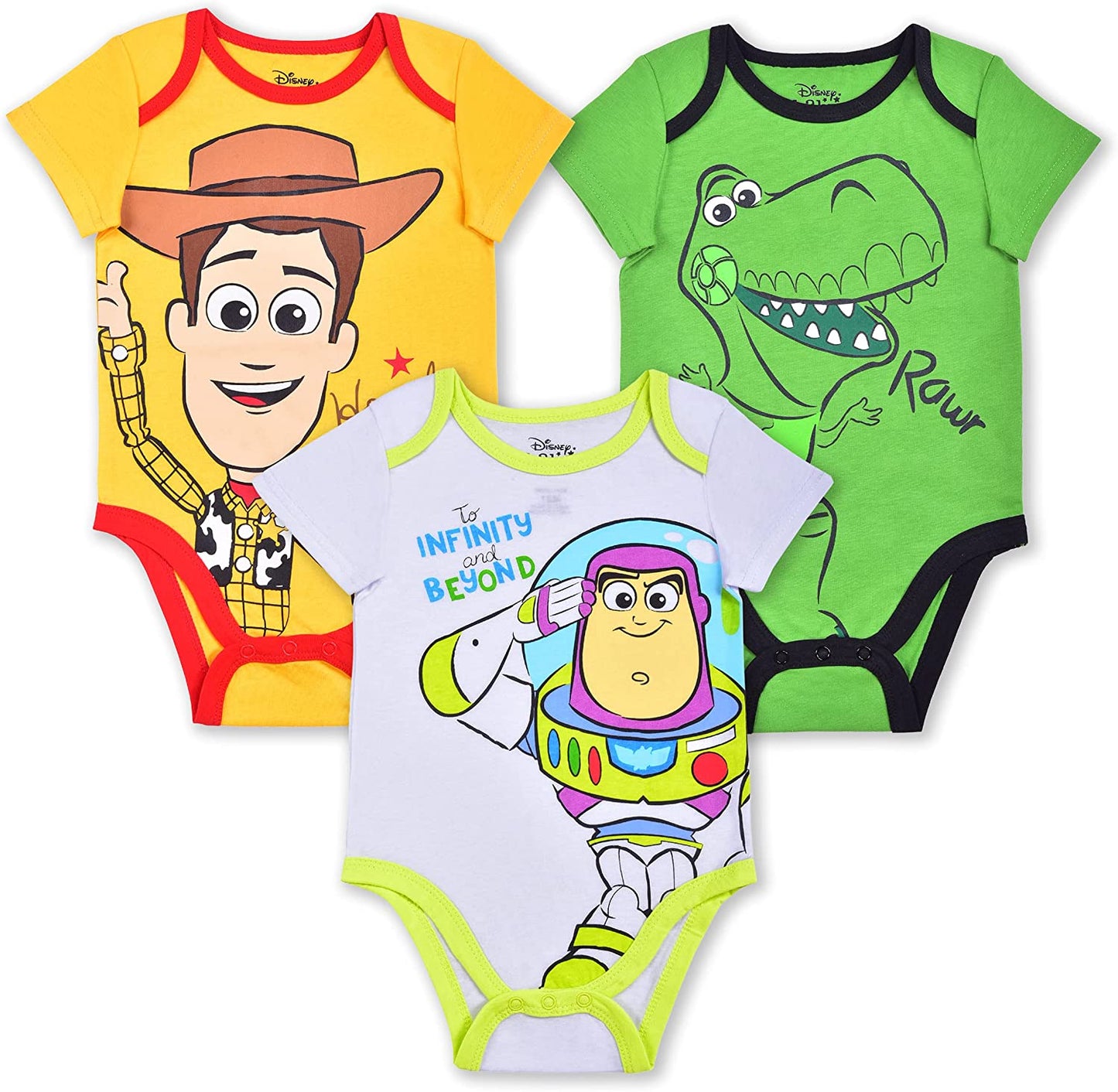 Disney Toy Story Boys Woody, Buzz Lightyear and Rex 3 Pack Bodysuit Creeper for Newborn and Infant – Yellow/Green/White