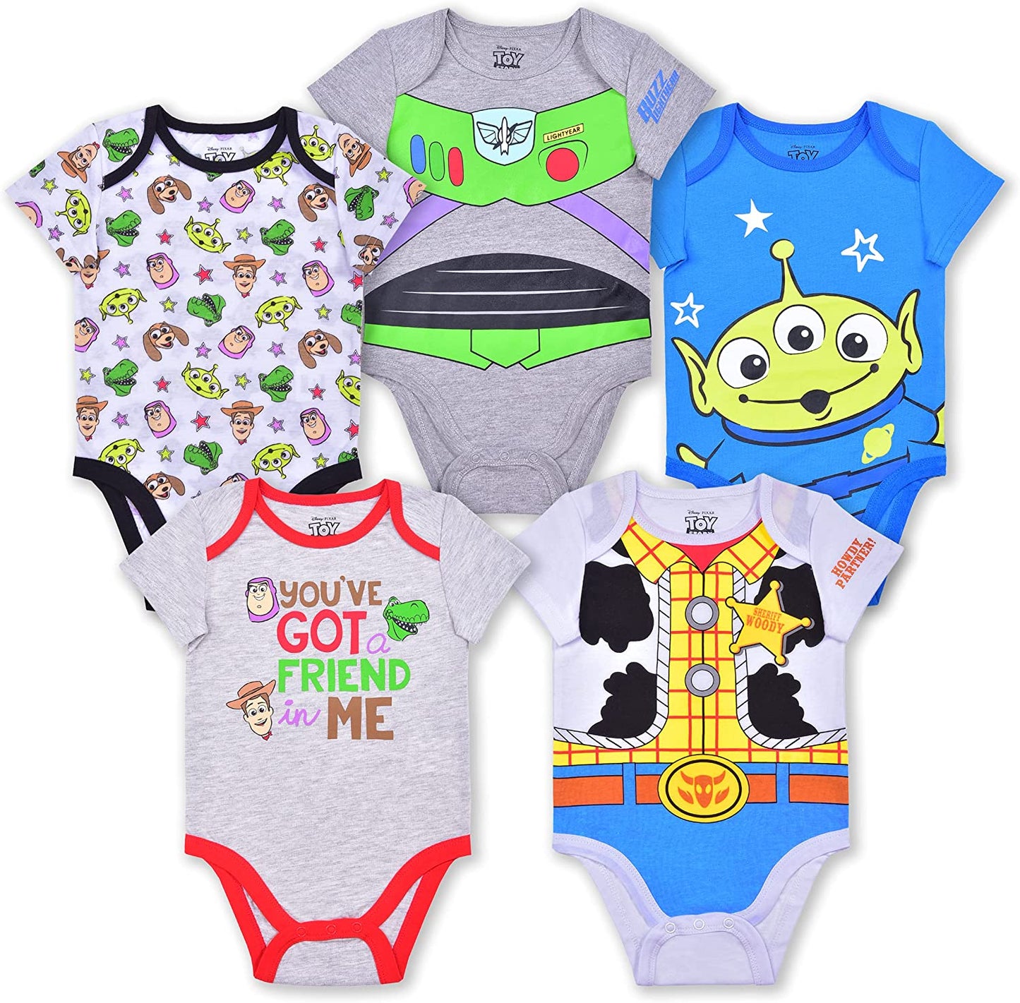 Disney Toy Story Boys 5 Pack Short Sleeve Bodysuit for Newborn and Infant – Blue/Grey/White
