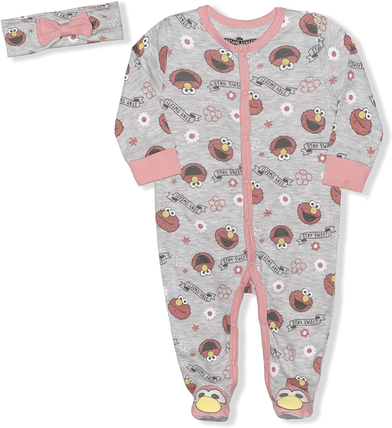 Sesame Street Girls Elmo Long Sleeve Footie Romper and Headband Set for Newborn and Infant – Grey