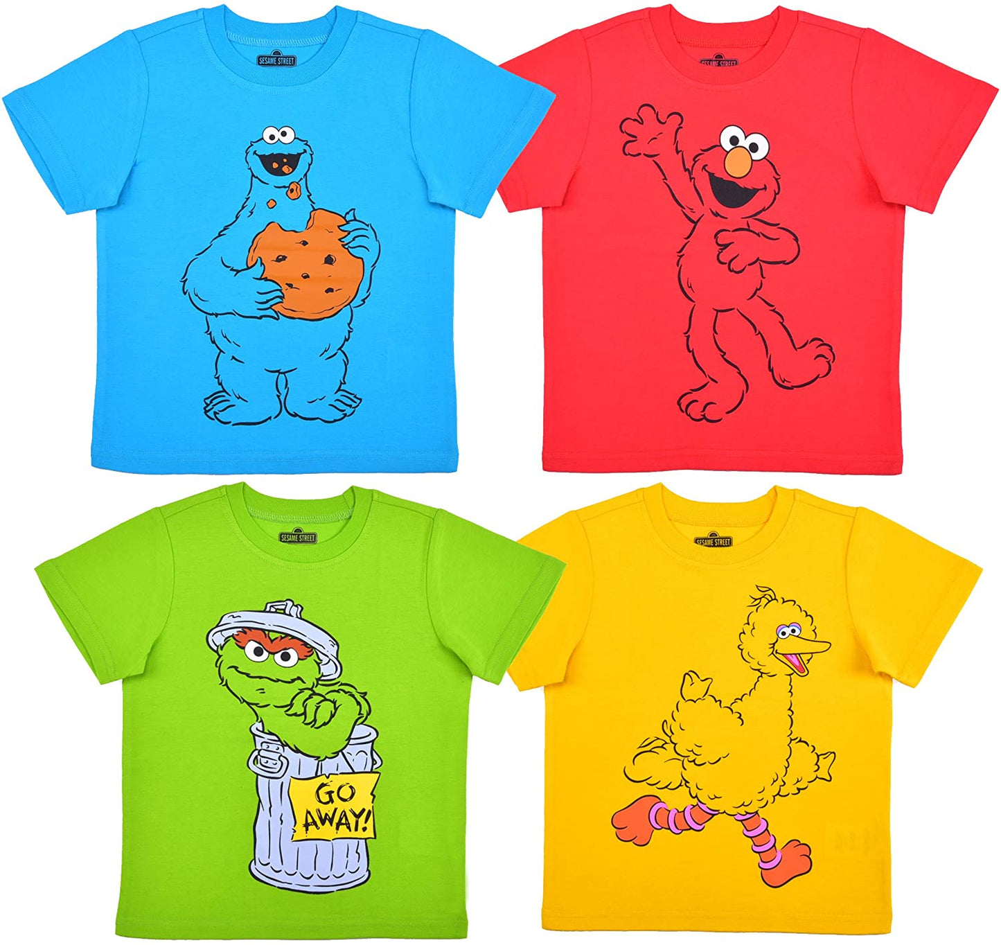 Sesame Street Boys Elmo, Oscar, Cookie Monster and Big Bird 4 Pack Short Sleeve T-Shirt for Infant – Blue/Green/Red/Yellow