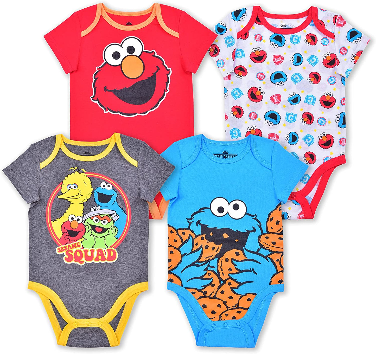 Sesame Street Boys’ 4 Pack Bodysuit for Newborn and Infant – Blue/Red/Grey/White