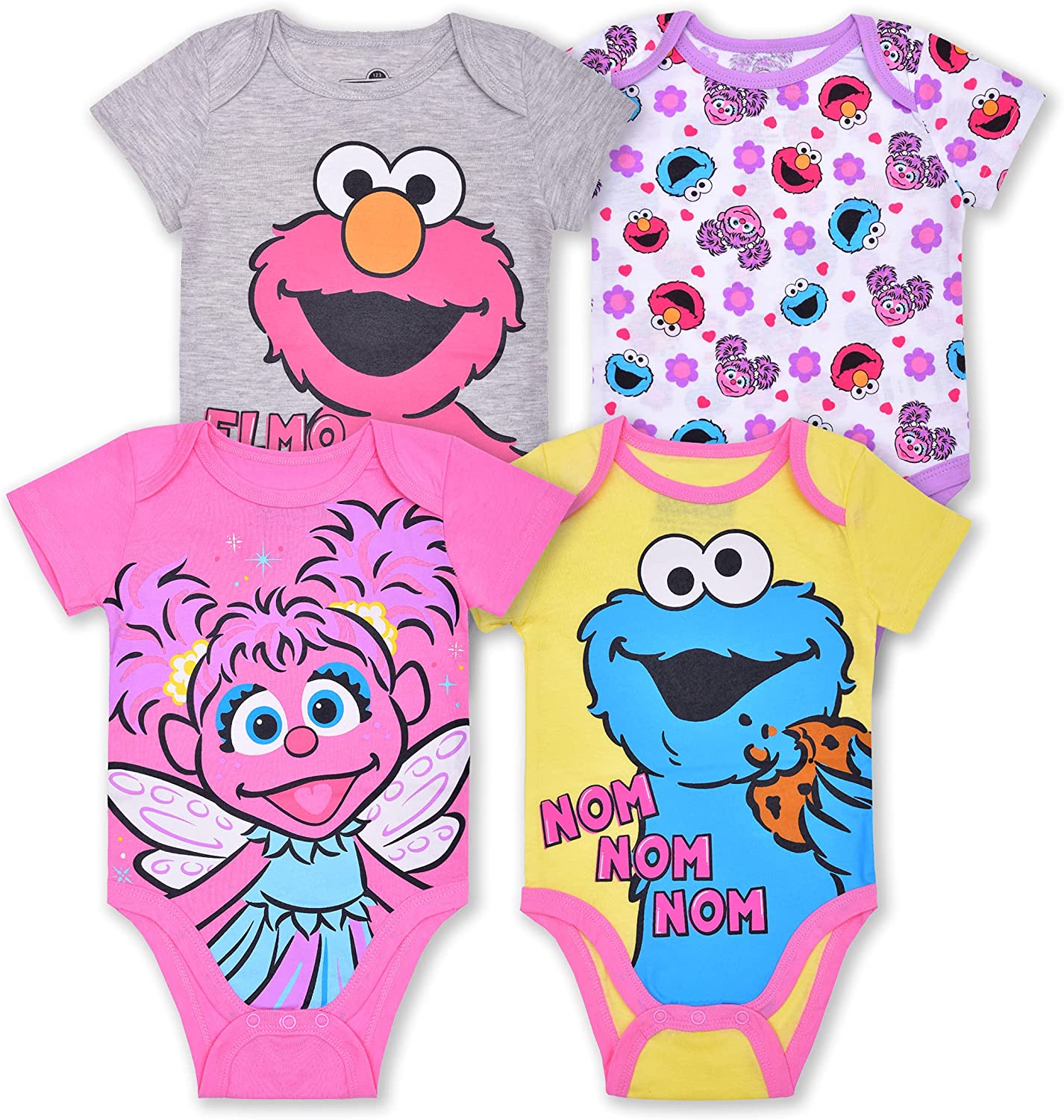 Sesame Street Girls Elmo, Cookie Monster and Abby Cadabby 4 Pack Bodysuit Creeper for Newborn and Infant – Pink/Yellow/Grey