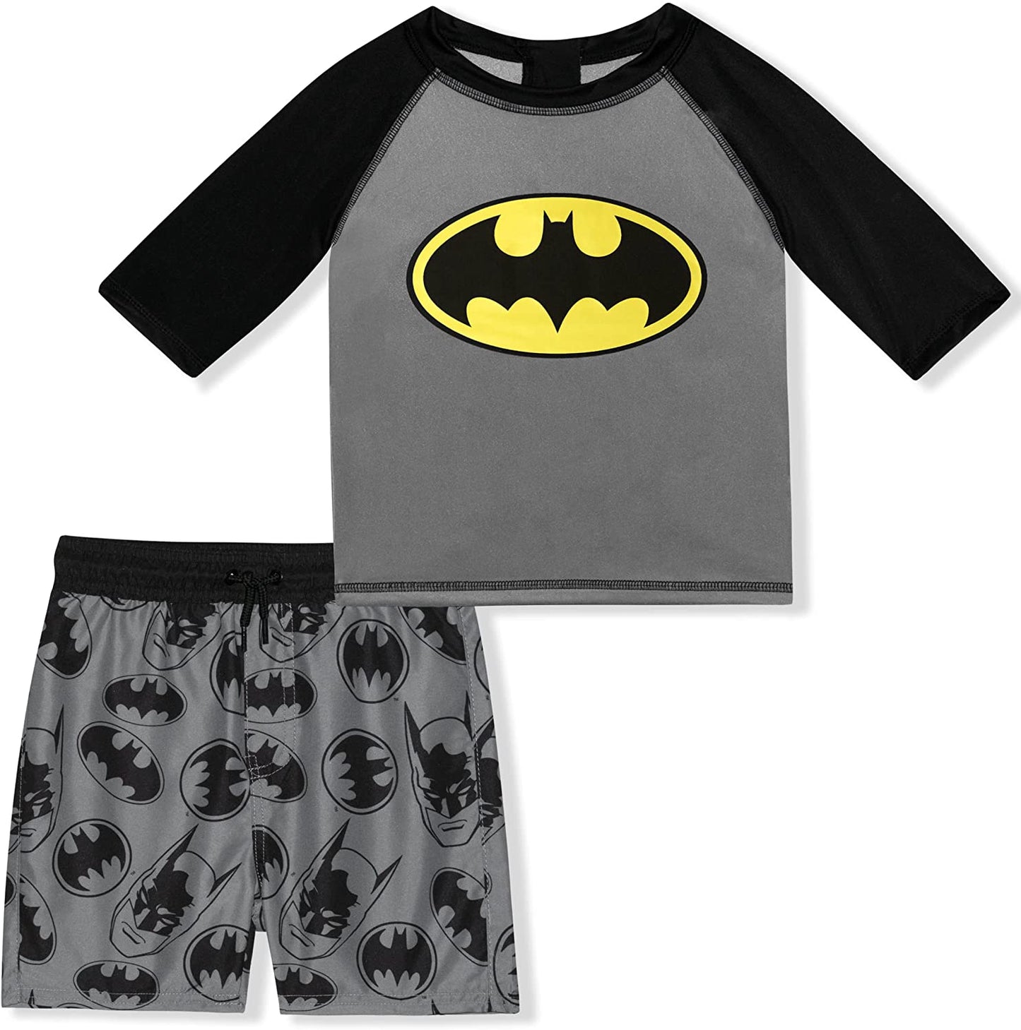 DC Comics Superman or Batman Boys Long Sleeve Tee and Shorts Set for Toddler and Little Kids – Black/Red
