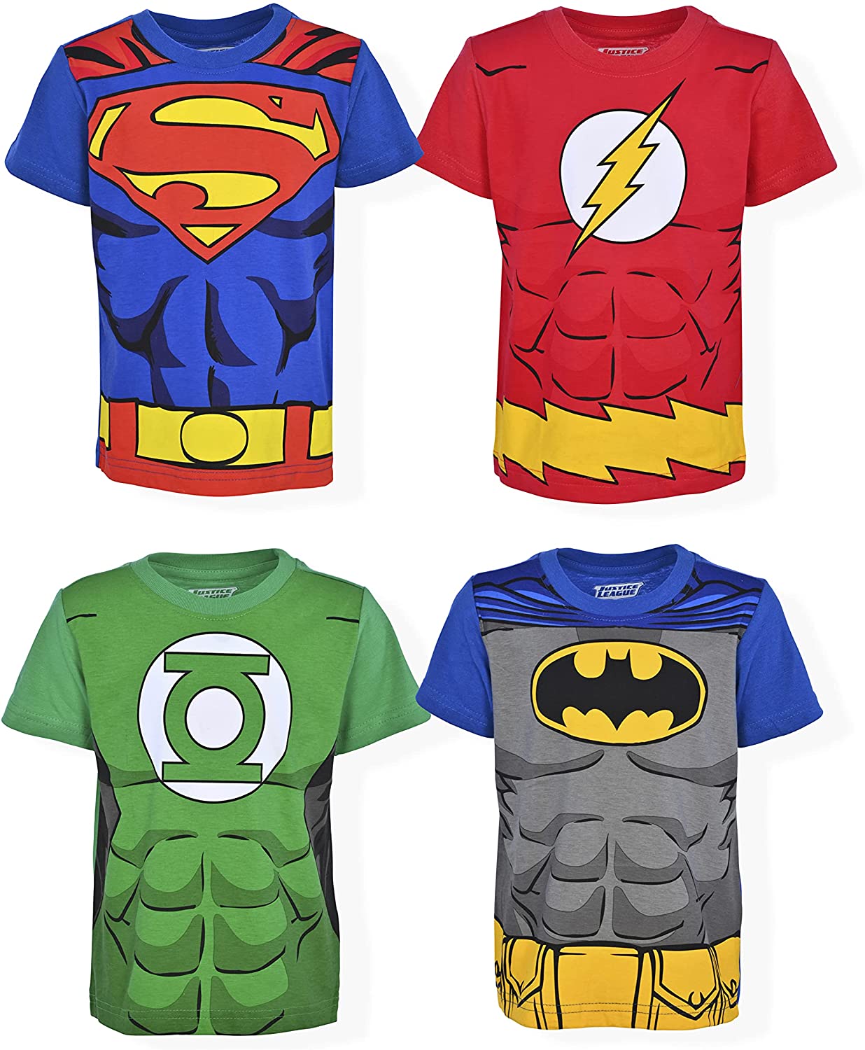 DC Comics Justice League Boys’ 4 Pack T-Shirts for Toddler and Little Kids– Blue/Red/Green/Gray