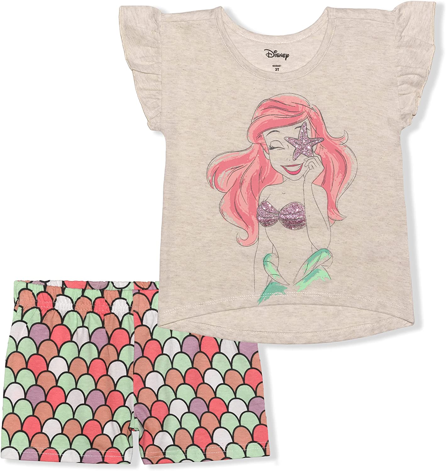 Disney The Little Mermaid Ariel Girls’ T-Shirt and Short Set for Toddler and Little Kids – Beige/Multicolor