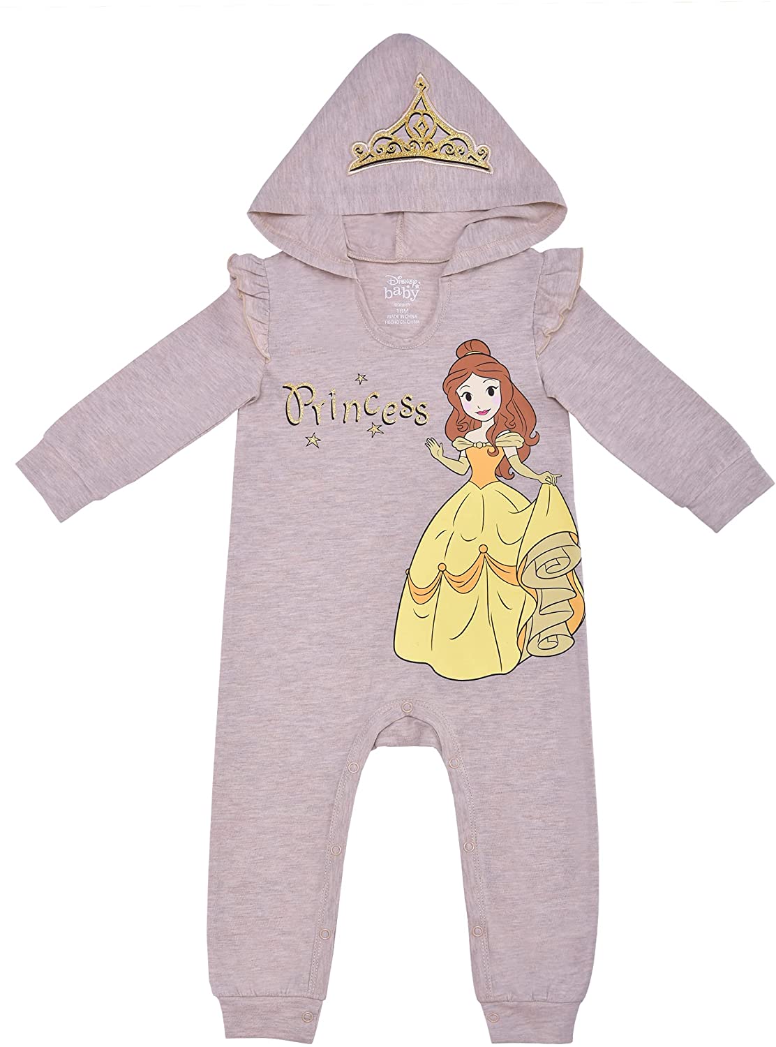 Disney Princess Ariel, Cinderella or Belle Girls’ Hooded Long Sleeve Romper for Newborn and Infant – Blue or Purple
