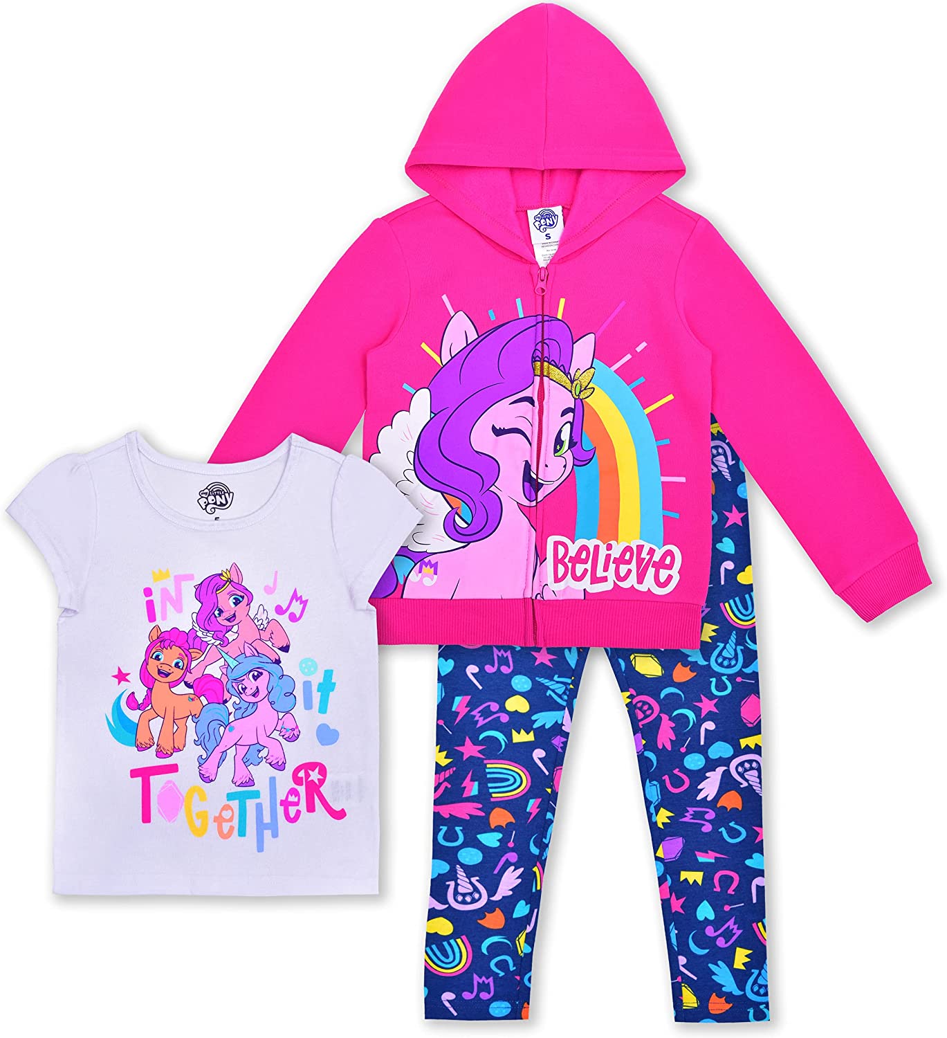 Hasbro My Little Pony Girls’ Zip Up Hoodie, Short Sleeve Tee and Legging Pants Set for Little and Big Kids – Pink/White/Blue