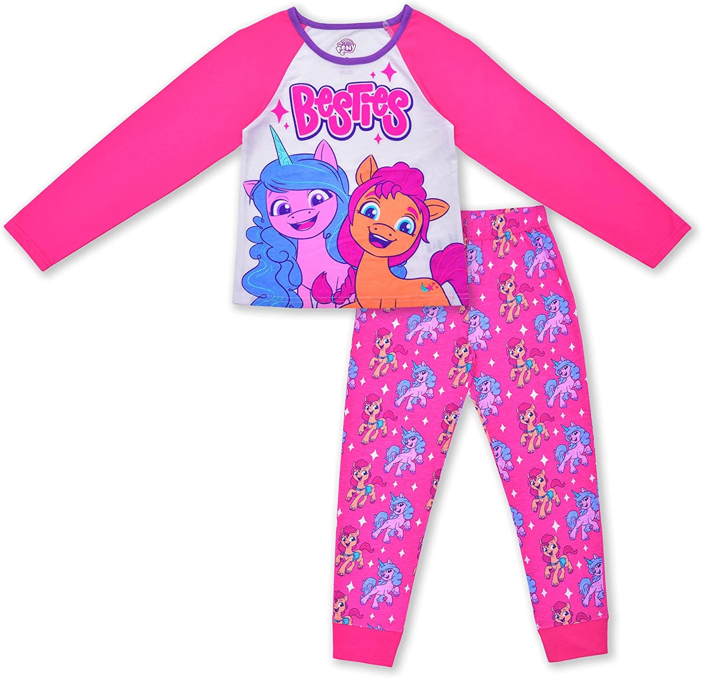 My Little Pony Moonbow and Sunny Girls’ Long Sleeve Shirt and Jogger Set for Little and Big Kids – Pink/White