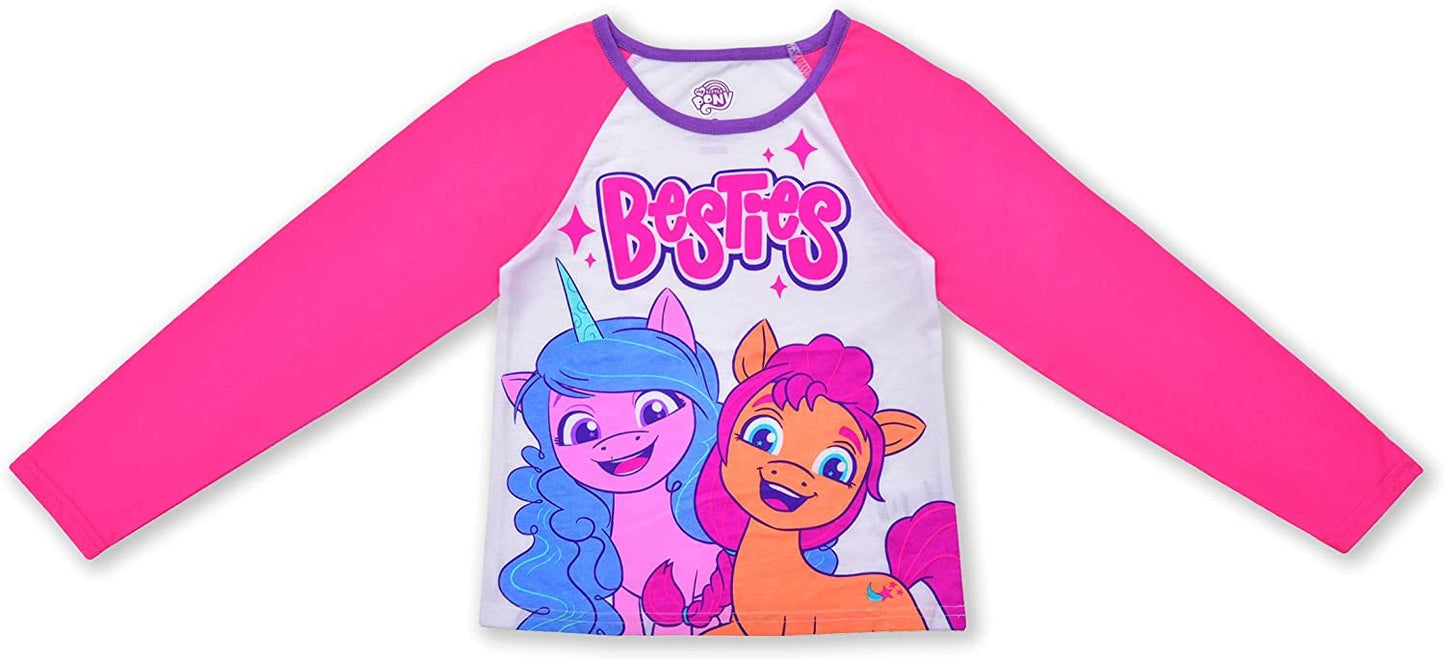 My Little Pony Moonbow and Sunny Girls’ Long Sleeve Shirt and Jogger Set for Little and Big Kids – Pink/White