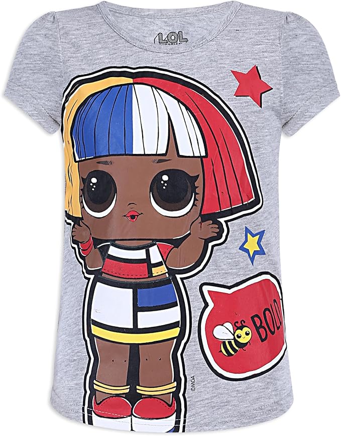 L.O.L. Surprise! Dolls Girls’ Short Sleeve Shirt 4 Pack for Little and Big Kids – Grey/Pink/Red/Blue