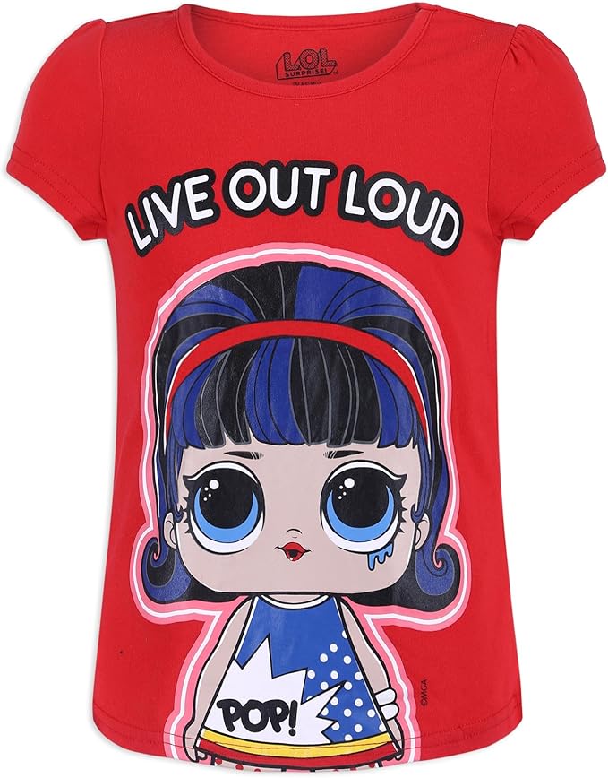 L.O.L. Surprise! Dolls Girls’ Short Sleeve Shirt 4 Pack for Little and Big Kids – Grey/Pink/Red/Blue