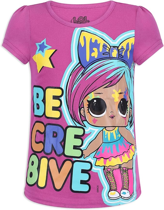 L.O.L. Surprise! Dolls Girls’ Short Sleeve Shirt 4 Pack for Little and Big Kids – Grey/Pink/Red/Blue